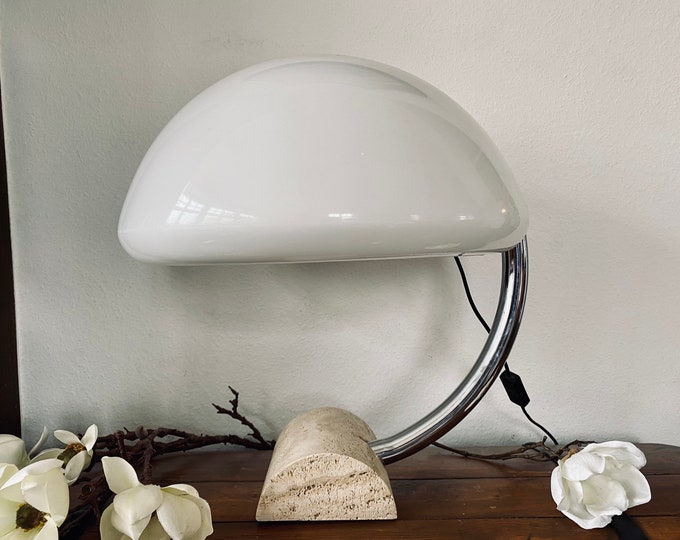 Rare table lamp Italian table lamp Serpente by Elio Martinelli for Martinelli Luce, 1960s made of chrome & travertine Mid Century