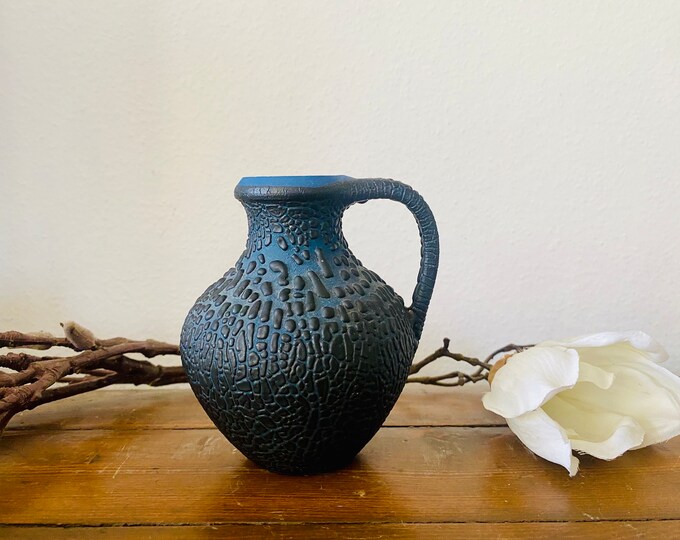 Studio ceramic vase by Kießling, black turquoise, reduction glaze, snake skin, vintage 50s-60s, East German ceramics, midcentury