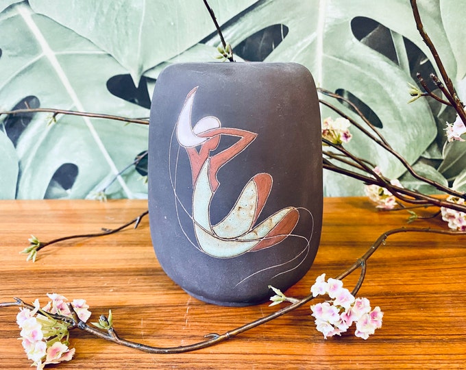 Fantastic Kiechle Vase 514 a, 14 cm, decor bathers, engobe, West Germany 1950
