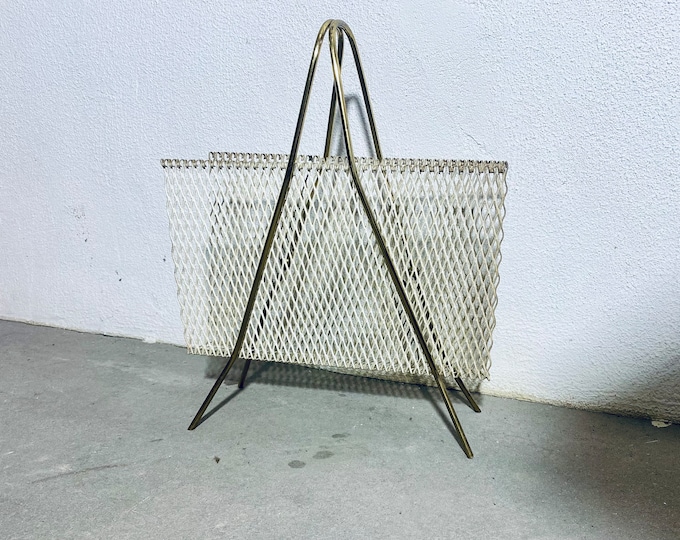 Vintage newspaper rack made of perforated sheet metal, magazine rack, newspaper rack in the style of Ernest Igl, 1950s