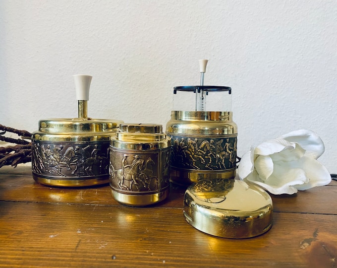 Erhard & Söhne Germany, Mid-Century Brass Smoking Set, Cigarette Dispenser Roulette Ashtray and Table Lighter, Chic for Smokers