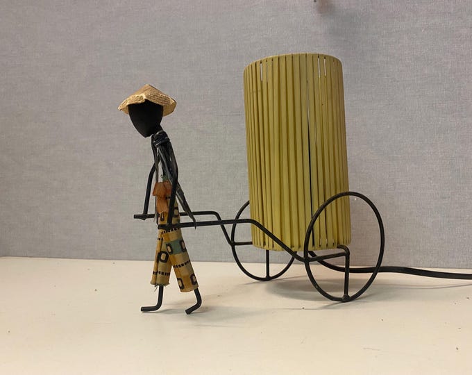 Italian vintage table lamp, rickshaw driver, desk lamp, bedside lamp, plastic, wire man, 1950s Bror Bonfils