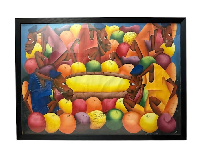 Rare, vintage XL original oil painting by Haitian artist Laurent Casimir (1928-1990), Cubist milieu study, MCM 74x101