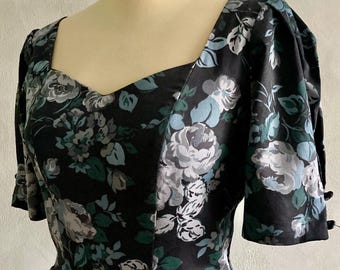 Vintage Laura Ashley Black and Grey Cabbage Roses Cotton Dress