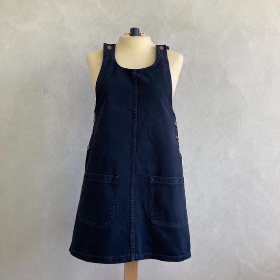 American Vintage Label 'Encore' Black Denim Pinafore Dress | Made in USA | Size: XS ~ S