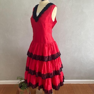 Vintage Red Satin and Black Lace Flamenco Dress | Spanish Dress | Size: S - M
