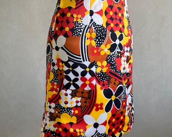1960s Red, Yellow, Black and White Flower Power  Floral Mini Skirt