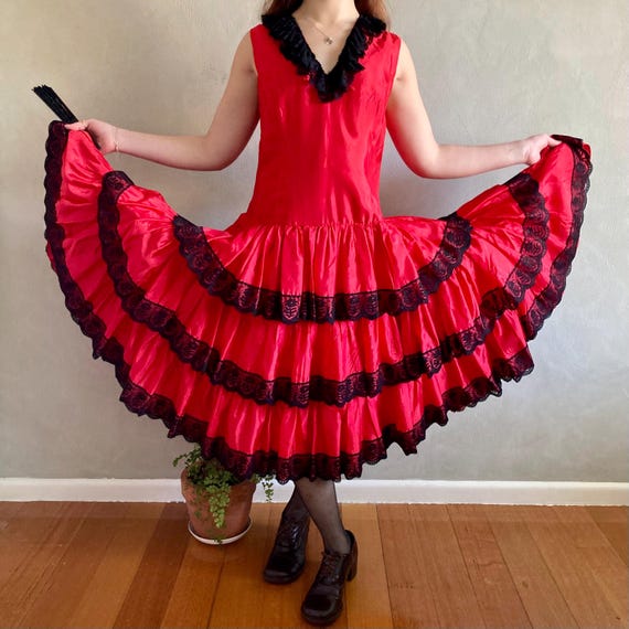 Vintage Red Satin and Black Lace Flamenco Dress | Spanish Dress | Size: S - M Vintage Red Satin and Black Lace Flamenco Dress | Spanish Dress | Size: S - M