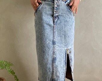 1980s Jaques Greneta High Waisted Midi Denim Skirt