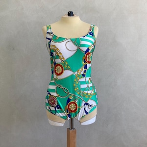 Original 90’s One Piece Swimsuit with Equestrian Print | Green Multi Coloured Bathers | Made in Australia | Size: M-L