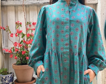 Vintage Laura Ashley Teal and Purple Tudor Floral Print Cotton Dress