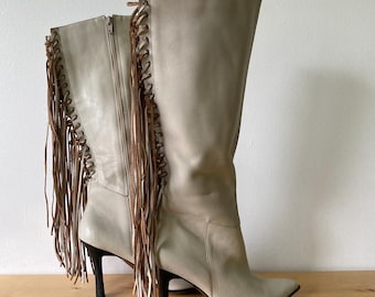 Vintage Bone Leather Fringed Knee High Boots | US 7B