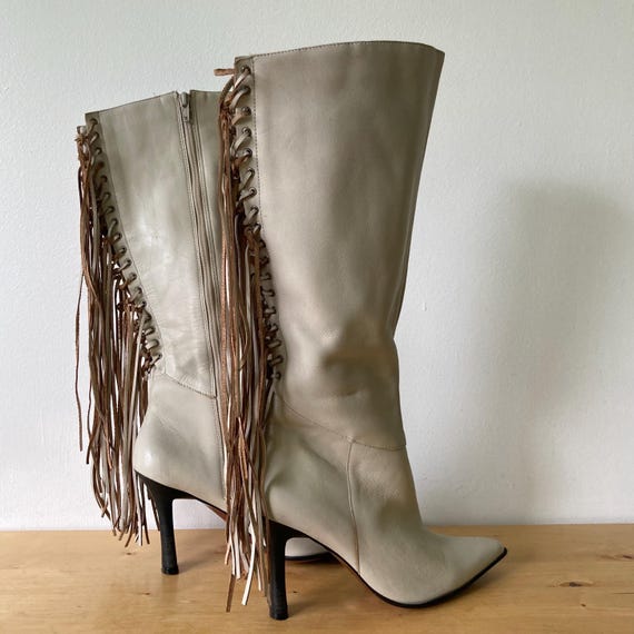 Vintage Bone Leather Fringed Knee High Boots | US 7B
