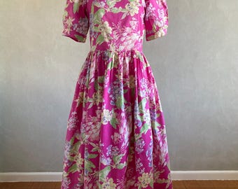 Vintage Laura Ashley Pink Floral Cotton Midi Dress | Made in UK
