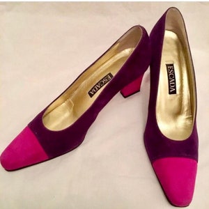 Authentic &#39;Escada&#39; 1992 Color Block Pump Heels | Vintage Designer Shoes | Purple and Pink Shoes | Made in Italy | Size: US 7.5 Au 7.5