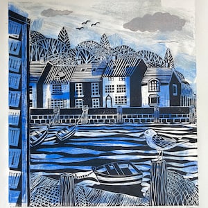 Harbour View -town-england-seaside-linocut-original-handmade