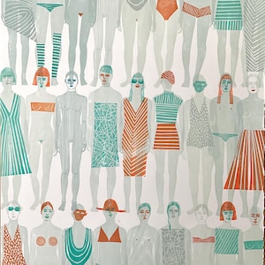 May include: A print featuring numerous stylized figures, each depicted in various states of undress and wearing different outfits. The color palette includes shades of orange, teal, and gray, creating a unique artistic style. The artwork is titled "Unrelenting Chain".