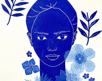 Porcelain Blue-portrait-linocut-original