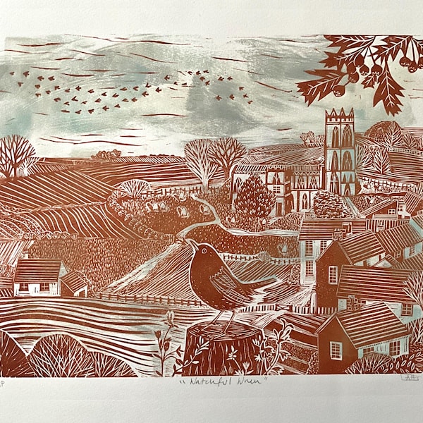 Wren Linocut Print – Two-Tone Countryside Landscape Art