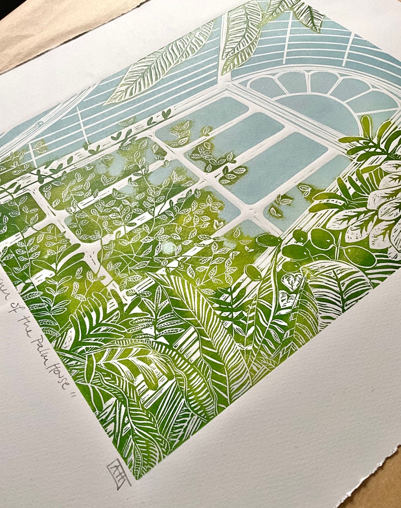 A Corner of the Palm House-gardens-kew-linocut-original image 5