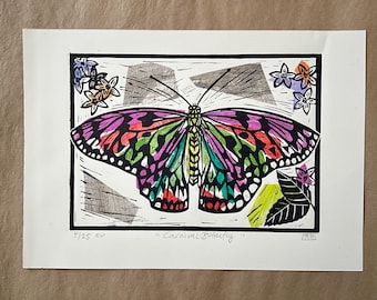 Grabado en linóleo de mariposas con técnica chine collé – Arte en papel de seda pintado a mano