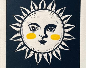 Yellow Cheeked Sun Linocut Print, Black and Blue Serene Sun