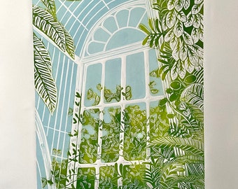 A Corner of the Palm House-gardens-kew-linocut-original