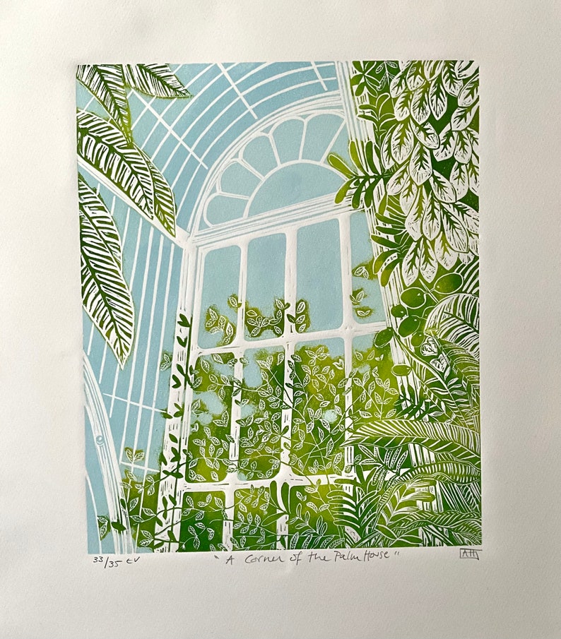 A Corner of the Palm House-gardens-kew-linocut-original image 1