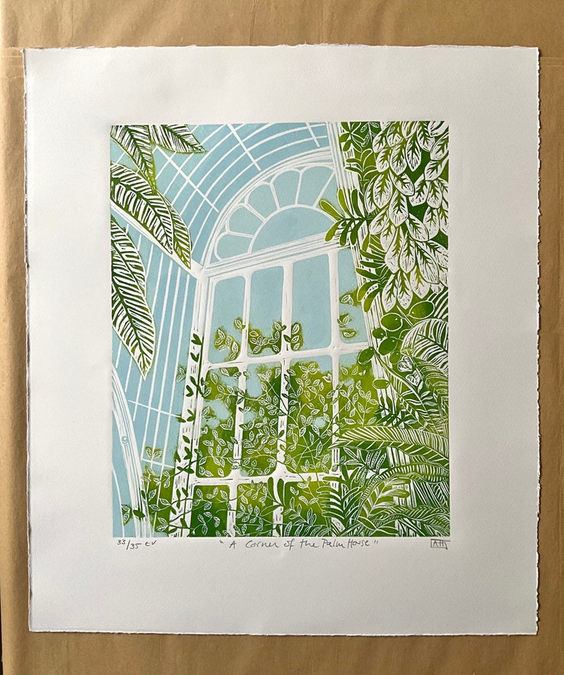 A Corner of the Palm House-gardens-kew-linocut-original image 4
