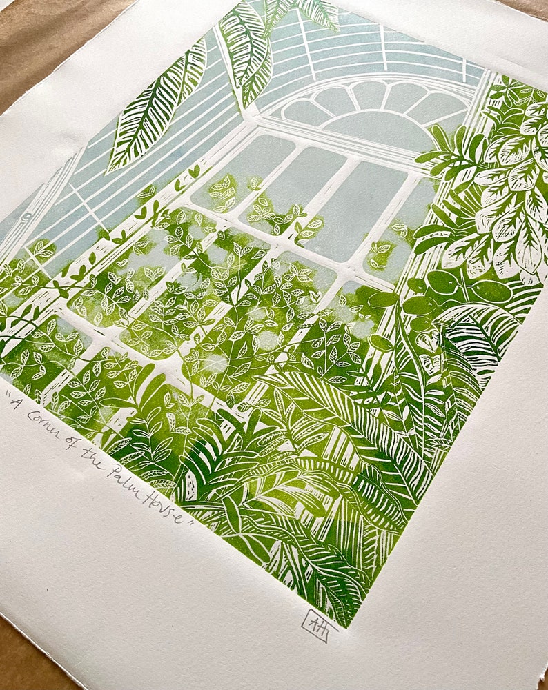 A Corner of the Palm House-gardens-kew-linocut-original image 3