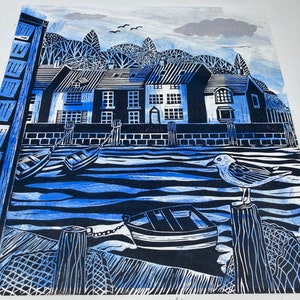 Harbour View ville-angleterre-bord de mer-linogravure-original image 4