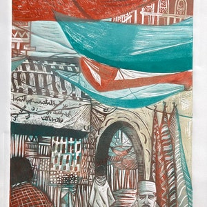 Market Day-cityscape-Morocco-original-linocut