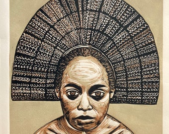 The Headdress-portrait-tribal-african-linocut-original