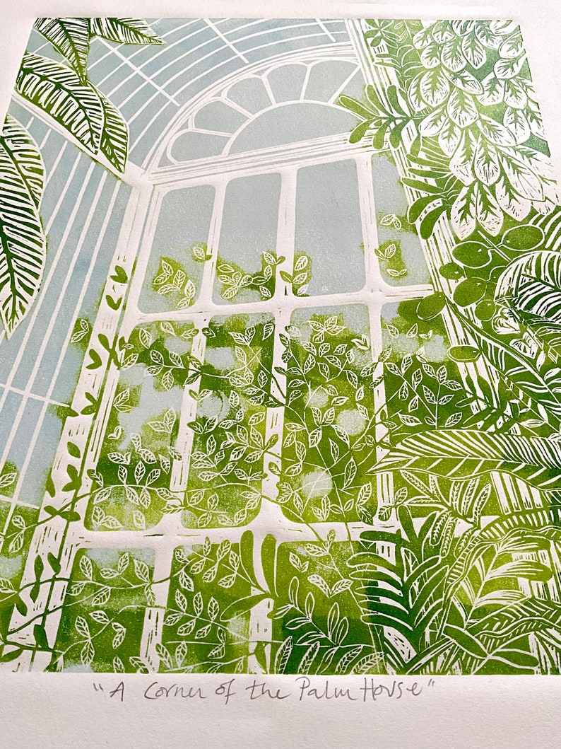 A Corner of the Palm House-gardens-kew-linocut-original image 2