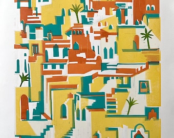 Hand-Pressed Linocut Print – Colorful Indian Cityscape, Ochre Yellow, Teal, Burnt Sienna