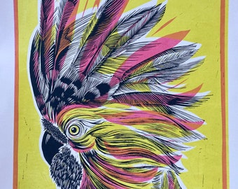 Pink Punk Cockatoo-animals-birds-linocut-original