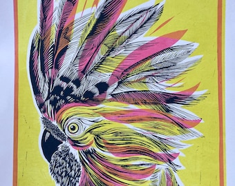 Pink Punk Cockatoo-animals-birds-linocut-original