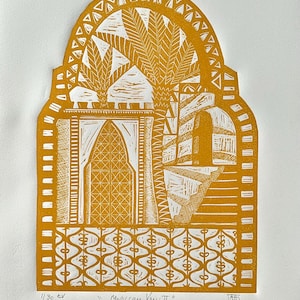 Moroccan View-cityscape-linocut-original-handmade