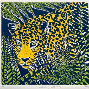 Lurking Leopard (Dark Blue)-animals-jungle-linocut-original-handmade