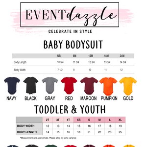 May include: A size chart for baby and toddler bodysuits and t-shirts. The chart shows the measurements in inches for different sizes, including newborn, 6 months, 12 months, 18 months, 24 months, 2T, 3T, 4T, XS, S, M, L, and XL. The chart also shows the colours available for each size, including navy, black, grey, red, maroon, pumpkin, and gold.
