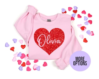 Kid's Valentine Outfit, Personalized Valentine's Sweatshirt, Girls Valentines Day Shirt, Custom Name Valentine's Gift, Custom Glitter Heart