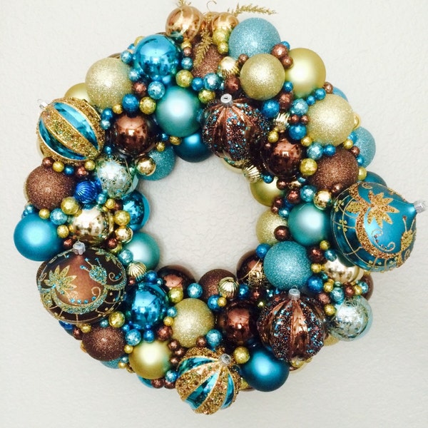 Chocolate, Teal and Gold Ornament Wreath