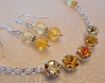 Handmade Beautiful Swarovski Crystal Necklace Sunny Yellow Crystals Silver Plated Chain Swarovski Crystal Chatons in Shades of Yellow ME-555