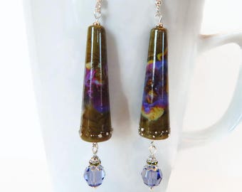 Cone Shaped Lampwork Earrings Glass Earrings Green/Purple Pierced Earrings Sterling Silver Swarovski Crystal Earrings  ME-519