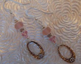 SALE! 30.22 Was 42.80 Handmade Sterling Silver Earrings Antique Oval w/Flower Pink Matte Lampwork Beads Classy Day/Night Earrings ME-476