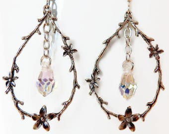 Sterling Silver Twig/Flower Earrings and Swarovski Clear Crystal Teardrops Sterling Silver Intricate Pierced Earrings ME-500