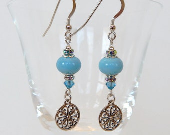 Handmade Light Blue Lampwork Earrings, SS Filigree Drops, Swarovski Crystals, Afordable Earrings, Dangle and Drop Ear Decorations ME-507