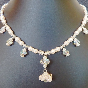Swarovski White Pearl and Crystal AB Necklace Pearl and Crystal Jewelry Sparkly Necklace Bridal Set Bling Jewelry Dangle Necklace ME-510