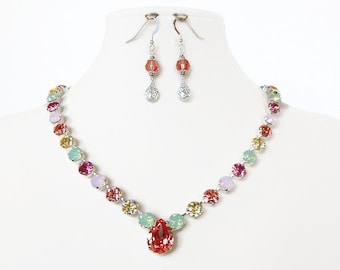 SWAROVSKI Crystal Necklace, SP Cup Chain W/Pink Opal, Chrysolite Opal, Jonquil Crystals, Spring/Summer Colors, Rose Peach Pear Focal ME-540