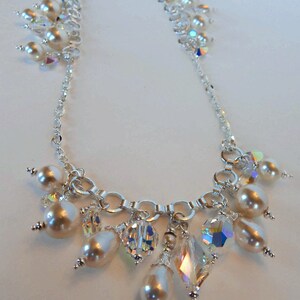 Beautiful Long Necklace Made with White Swarovski Pearls and Crystals in Teardrop Shapes and Rounds, Day into Night Pendant, ME-313